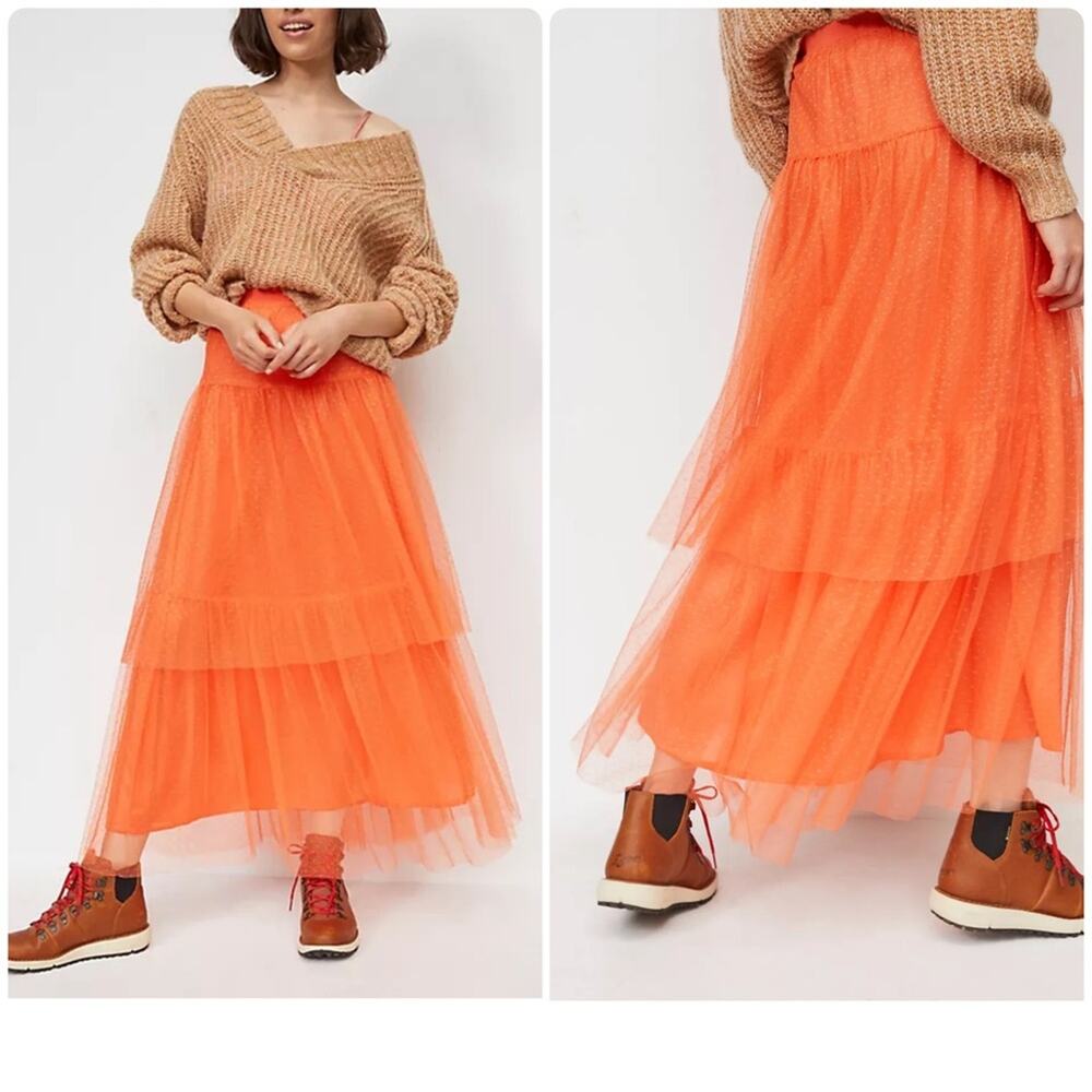 NEW Anthropologie Evelyn Tulle Midi Maxi Skirt Womens Large Orange Tiered